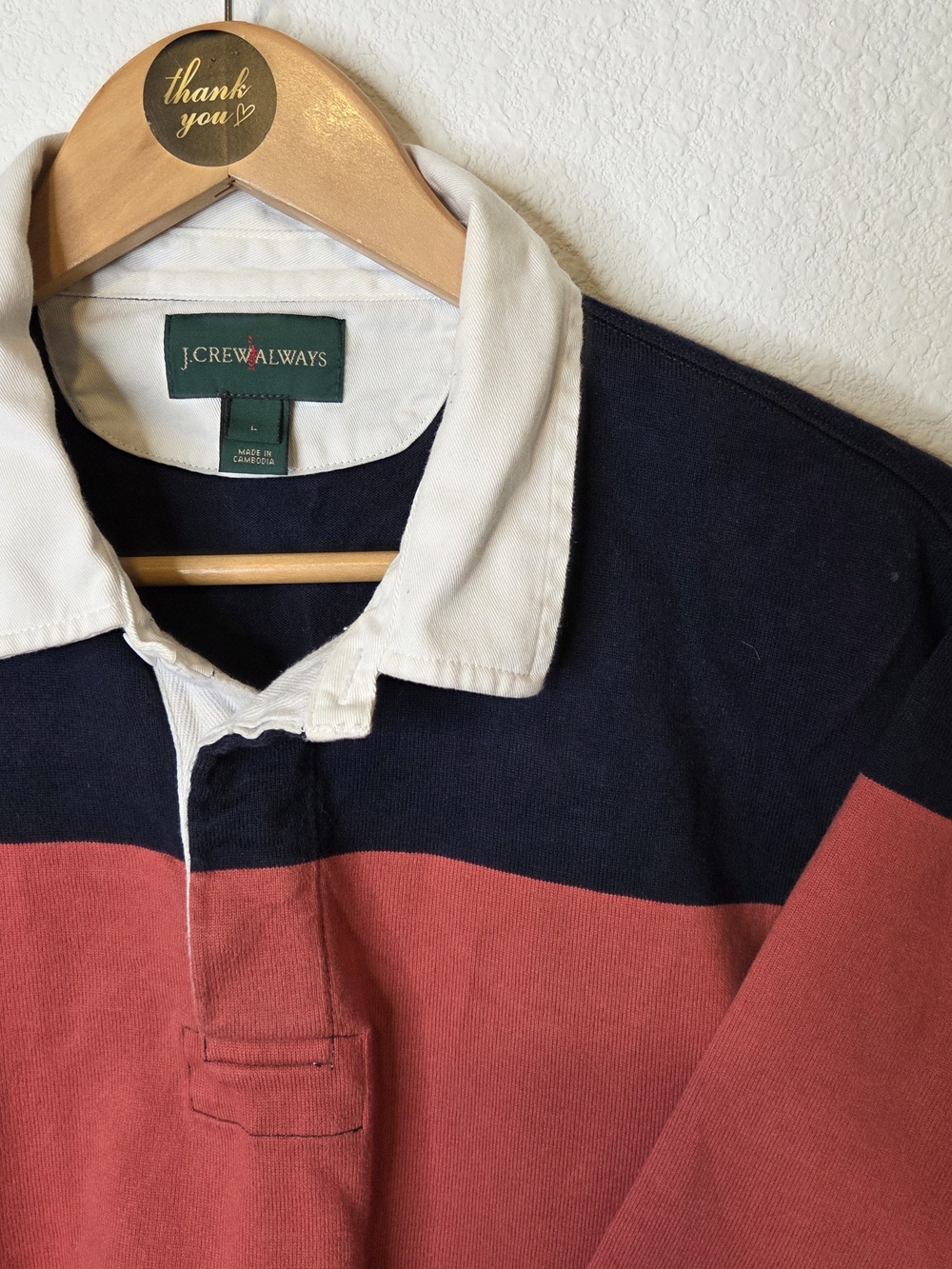 J.Crew Always Men's Navy and Red Rugby Shirt with White Collar Size L